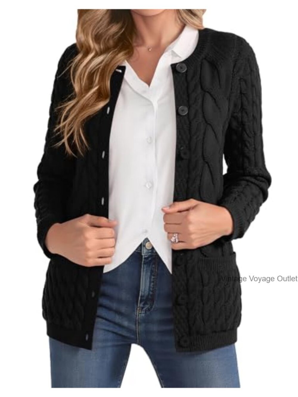 Women's Cable Knit Button Up Cardigan Sweater with Pockets Crew Neck